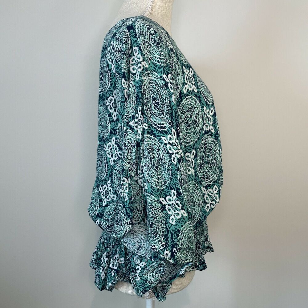 World Market Bohemian Hippie Geometric Smocked Waist Poncho Blouse Green Small - Picture 2 of 12